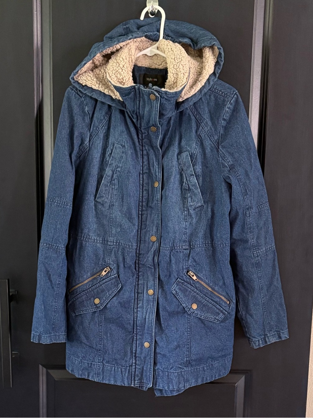 Style & Co L Denim Sherpa Lined Hooded Parka Jacket Blue Jean Utility Coat